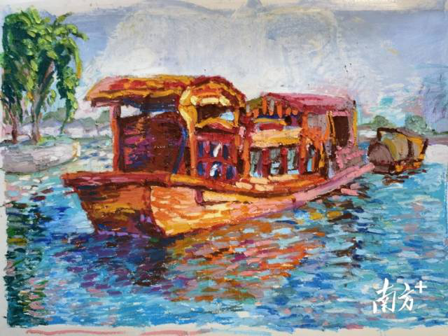 以点彩方式绘制了中共一大的召开地点——浙江嘉兴南湖的红船