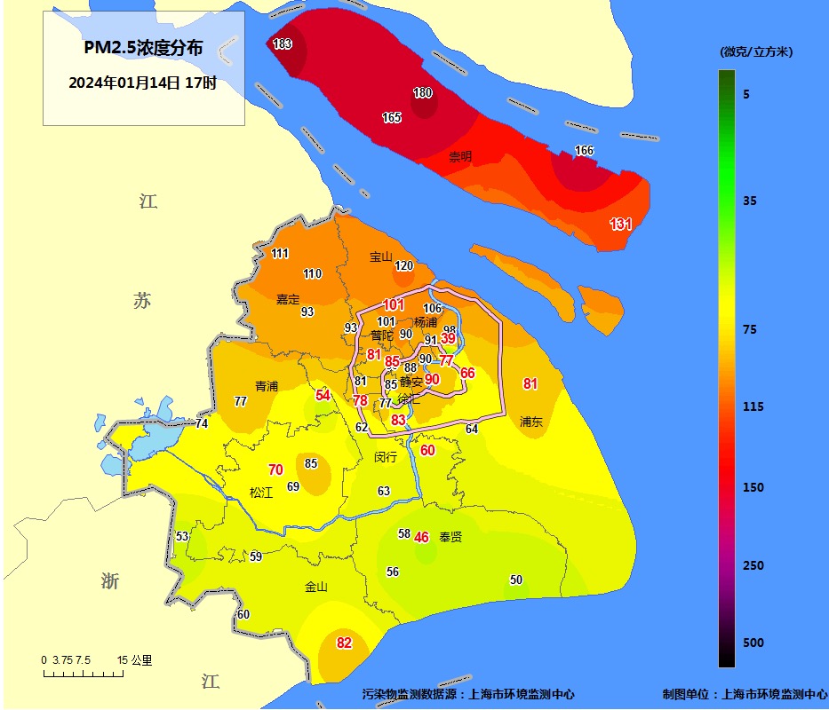 1月14日，上海市發布空氣重污染黃色預警，圖為17時上海PM2.5濃度分布。
