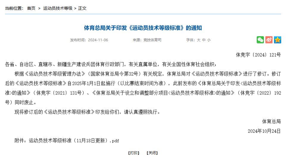 国家体育总局竞技体育司负责人解读新修订的《运动员技术等级标准》