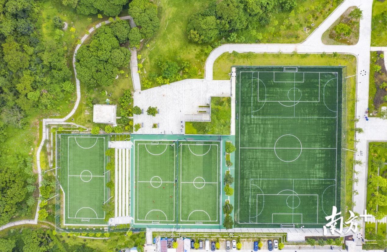 金字山公园里新建了四个足球场，球场背靠山林，球场旁设置了洗手间、更衣室。