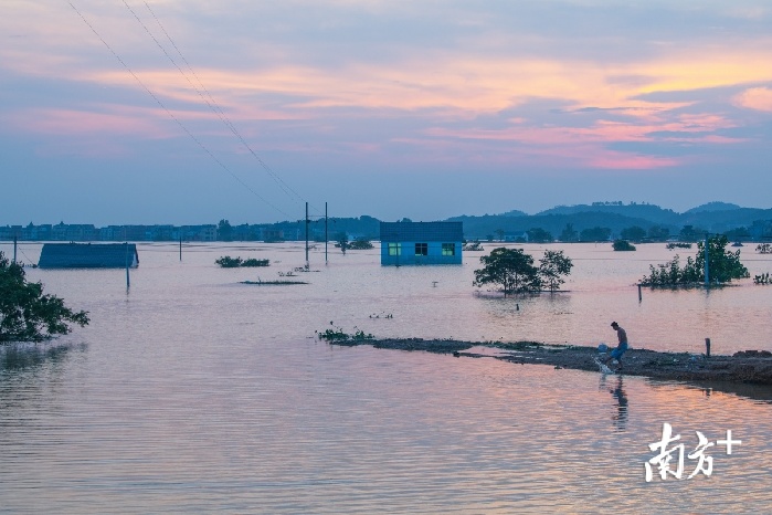 7月14日，鄱阳县昌洲乡邹家村仍浸泡在洪水中。