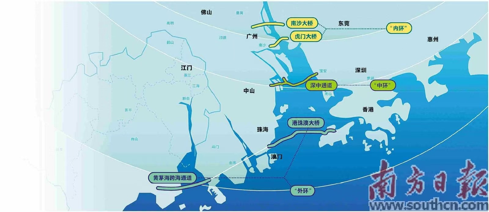 黄茅海跨海通道建成通车后，大湾区将形成“三环”跨海跨江通道群。道进招凤仪 制图