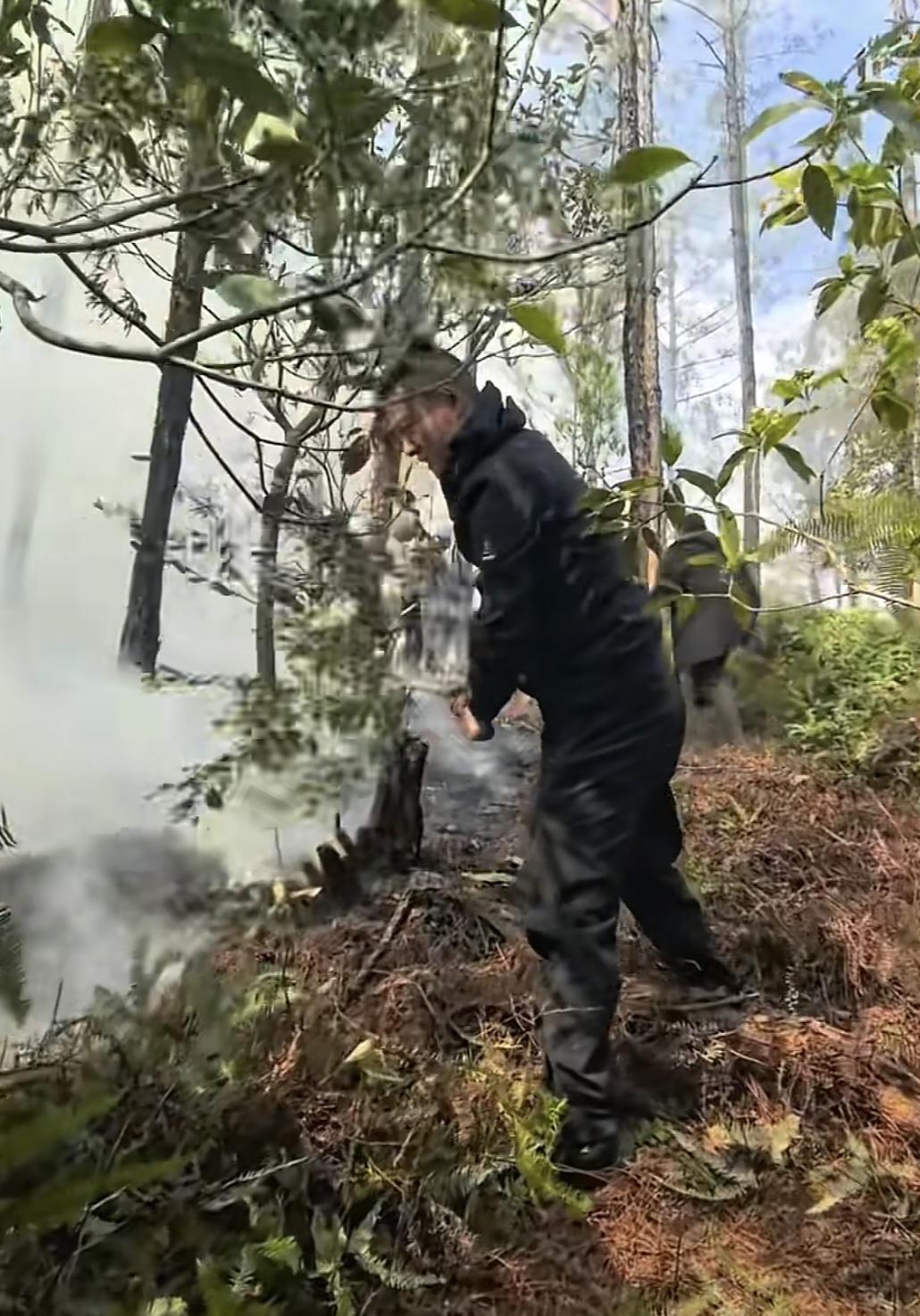 众人一起扑灭山火。