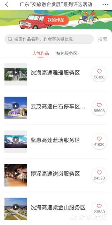 广东省“交旅融合发展”系列评选活动“特色服务区”投票情况。