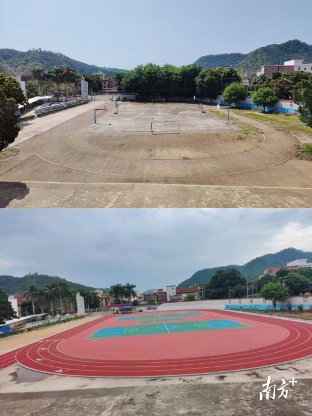 云浮市郁南县东坝镇龙塘小学场地改造前后对比图。