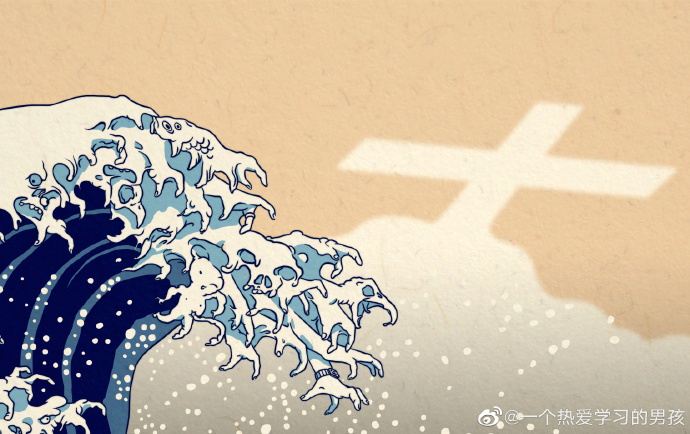 在中国插画师作品中，原作的一部分云朵变成了十字架。