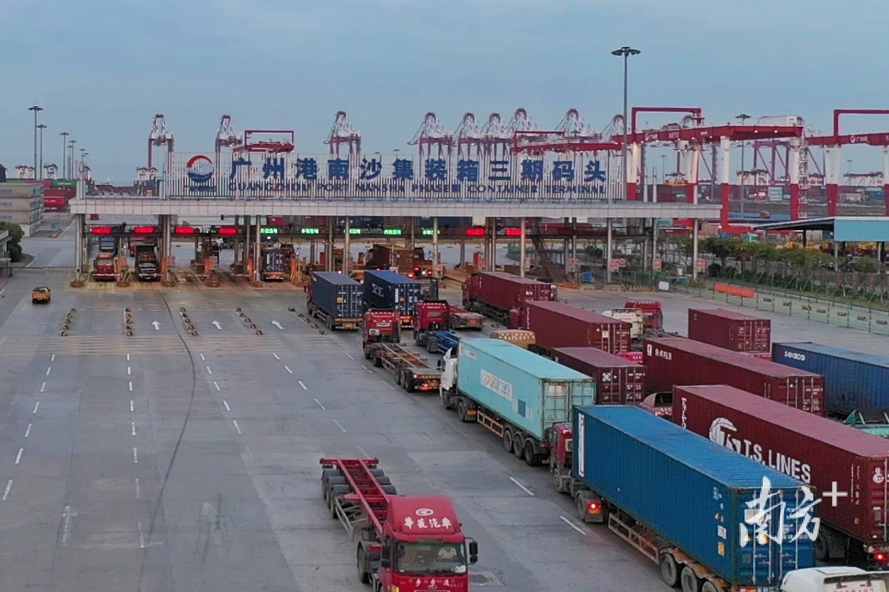 傍晚时分，南沙港三期码头，货车在排队进入。