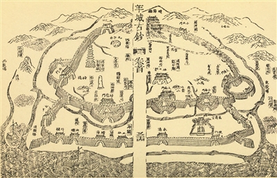 20世纪初,《羊城古钞》上的广州地图,玉带濠在两道城墙间蜿蜒流过