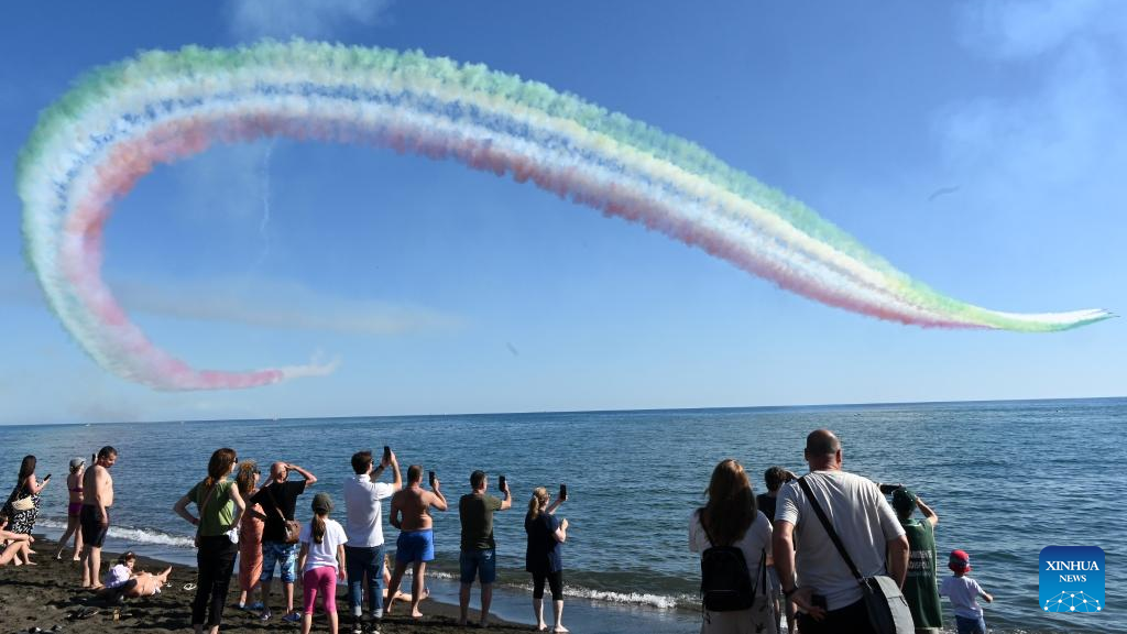 Italian aerobatic squad Frecce Tricolori perform during air show in Rome