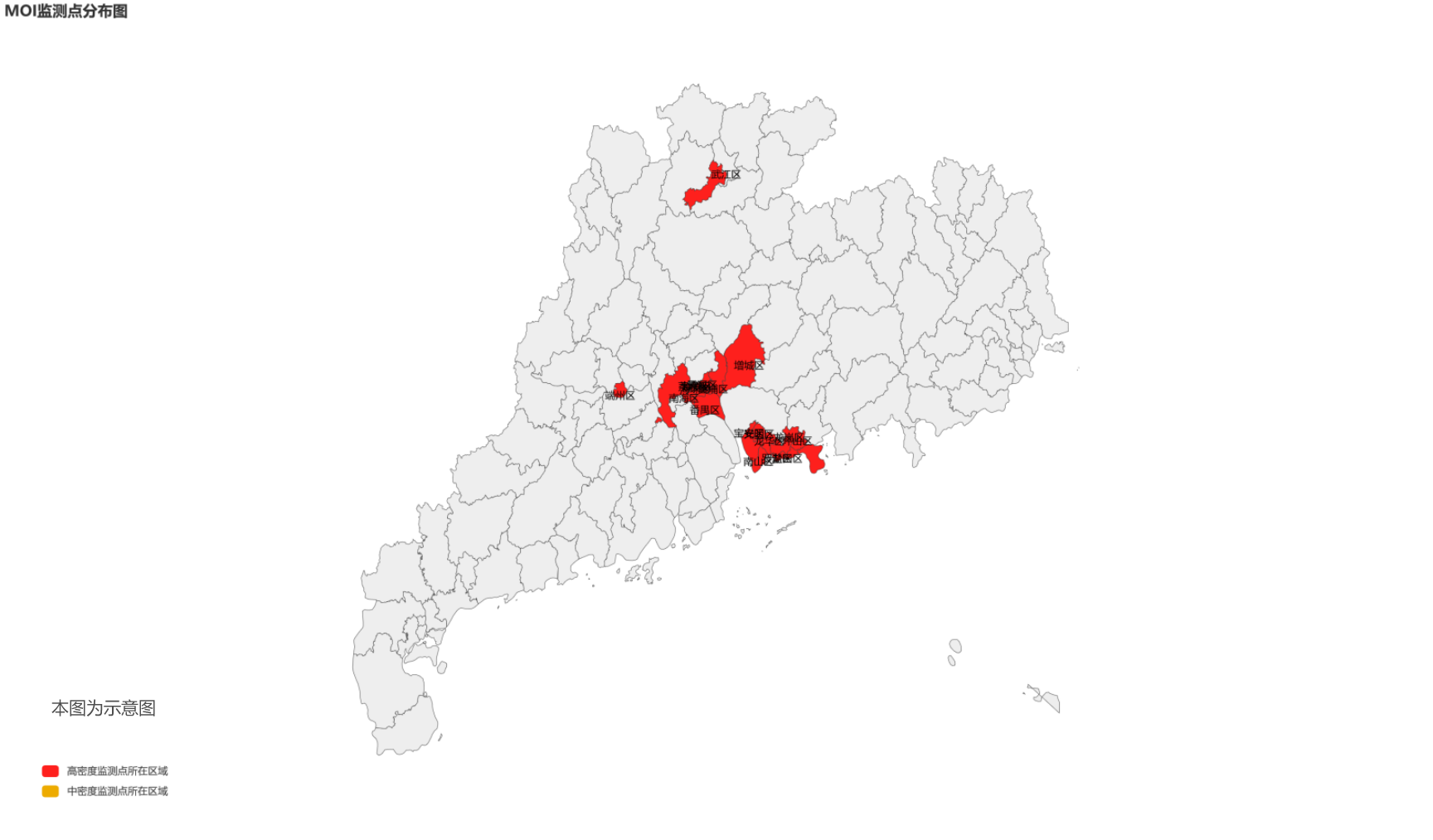 　　图2 广东省2024年6月下半月成蚊密度MOI高密度监测点所在地区  　　（高密度是指MOI>20，红色代表该地区已有高密度监测点）