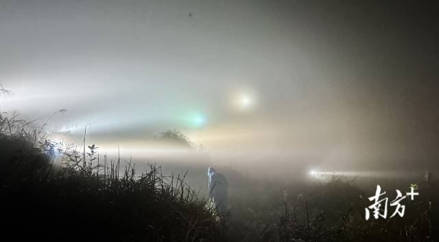10月19日晚十时许，湖南永州市大庆坪乡的一处山坡被十余盏射灯打亮。盗猎鸟类的村民仍在陆续上山。 南方+ 董天健 拍摄