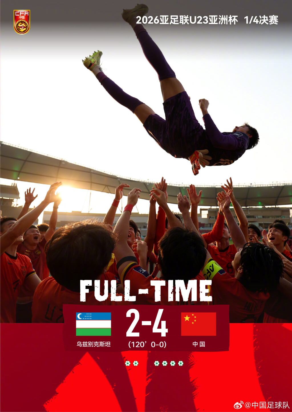 李昊在对阵乌兹别克斯坦队赛后，被队友们高高抛起庆祝。图源：中国足球队微博