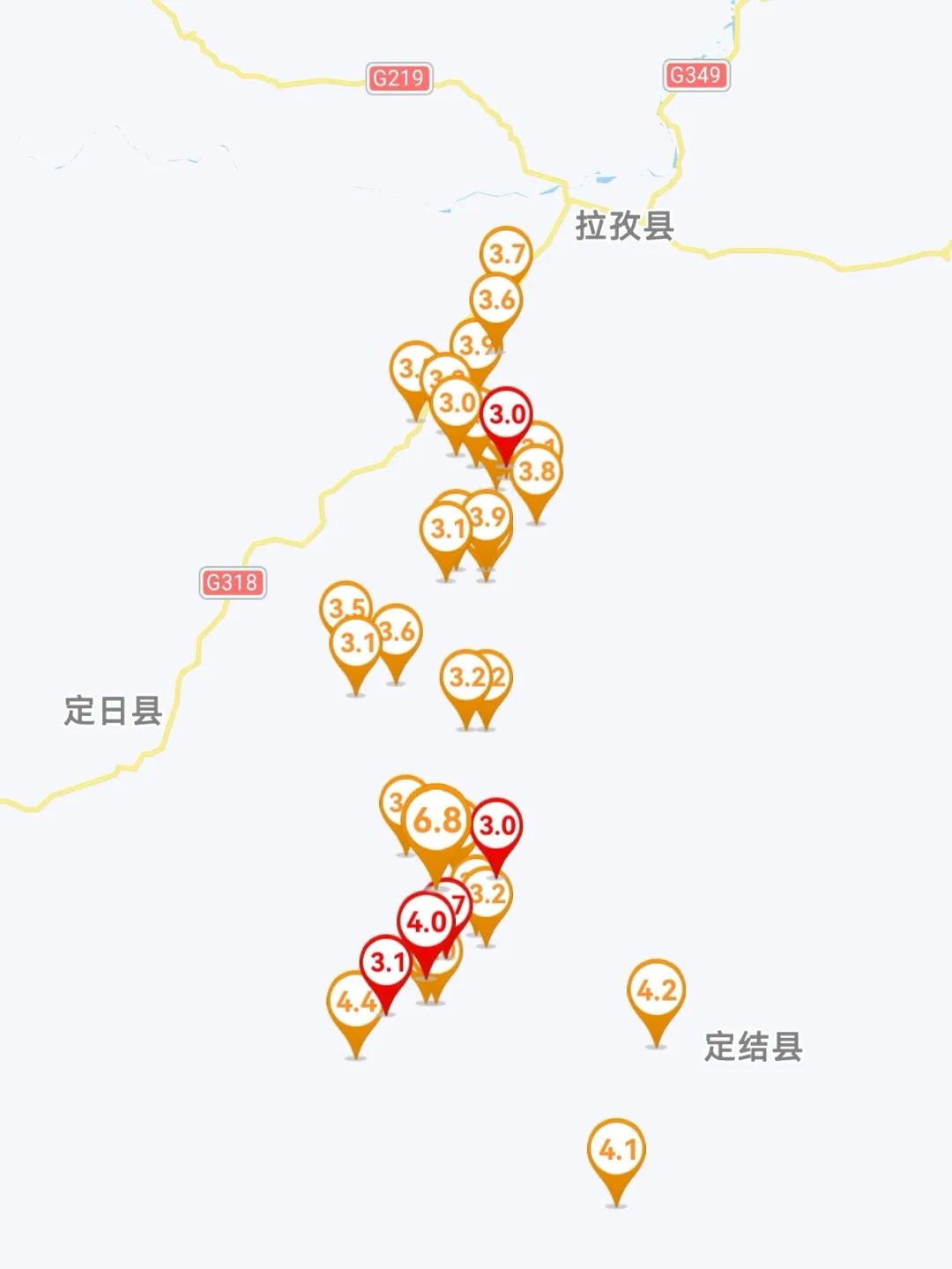 圖為三級(jí)及以上余震分布，定日動(dòng)超2.0-2.9級(jí)258次，震余震活粵學(xué)習(xí)記者 李婷</p>西藏紅色震中代表過去24小時(shí)內(nèi)發(fā)生的定日動(dòng)超地震</p><p style=