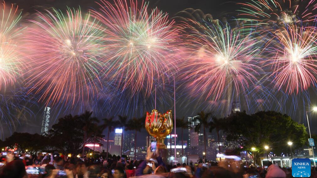 Fireworks set off to celebrate Spring Festival in Hong Kong