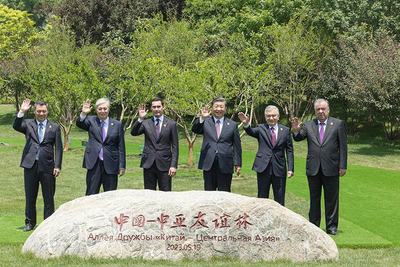 2023年5月19日，首届中国－中亚峰会结束后，习近平主席和中亚五国元首共同种下六棵寓意团结合作的石榴树。