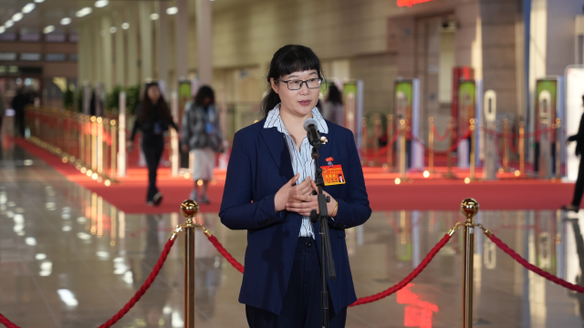 市人大代表、黄埔区文冲街文冲社区服务站副站长曲英在代表通道上发言。张全壮/摄