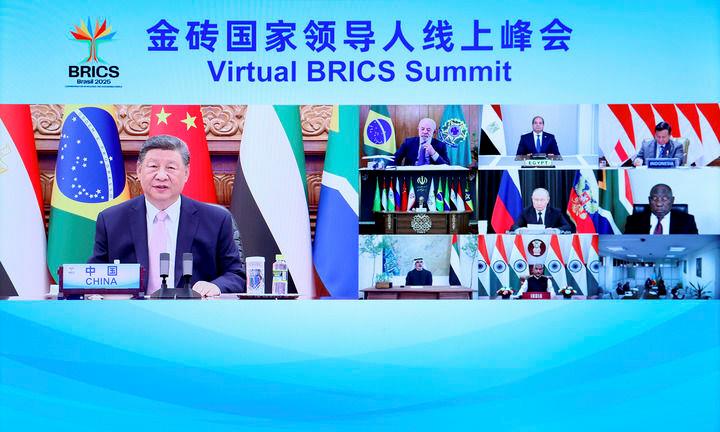 　　△2025年9月8日，习近平主席出席金砖国家领导人线上峰会，并发表题为《团结合作 砥砺前行》的重要讲话。