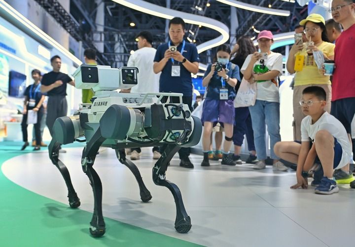 2025年5月25日，观众在第二十届中国西部国际博览会成都馆参观展出的机器狗。当日，第二十届中国西部国际博览会在成都开幕。新华社记者 刘坤 摄