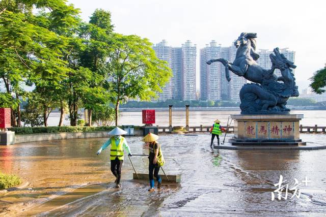 6月25日，洪水退去，清远市清城区龙马广场一片泥泞，园林工人正在清淤。 阿俊 摄
