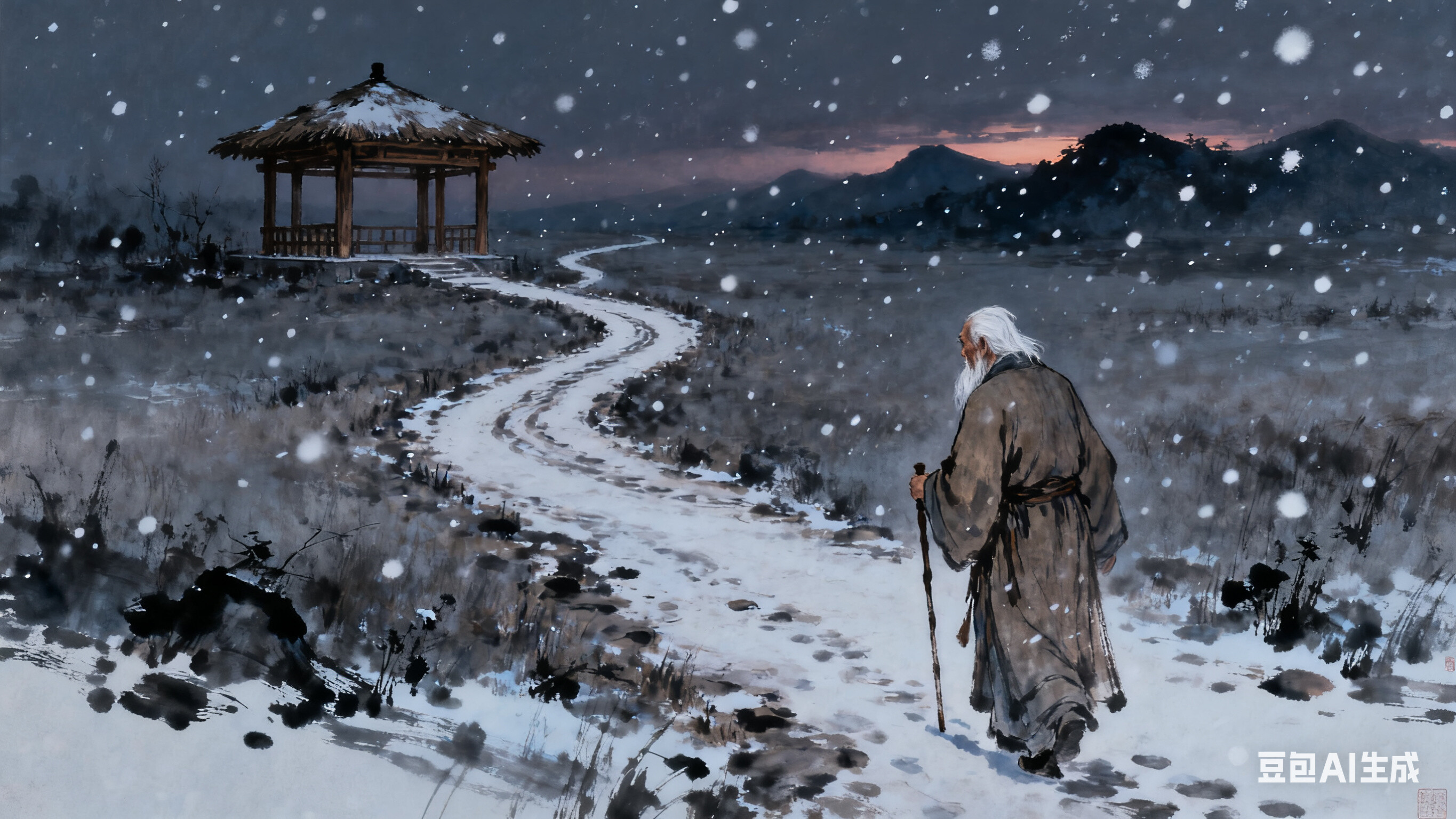 白起被逐出咸阳城，冒着风雪来到杜邮。豆包AI生成