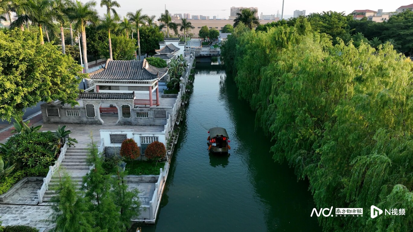 紫南村里，景观树葱郁整齐、湖面波光粼粼。