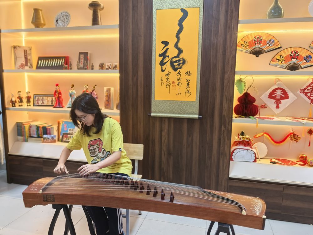 3月29日，越南河内—阿姆斯特丹高中“越中文化室”正式启用。该校高三学生阮霞英端用古筝弹奏《女儿情》。河内中国文化中心供图