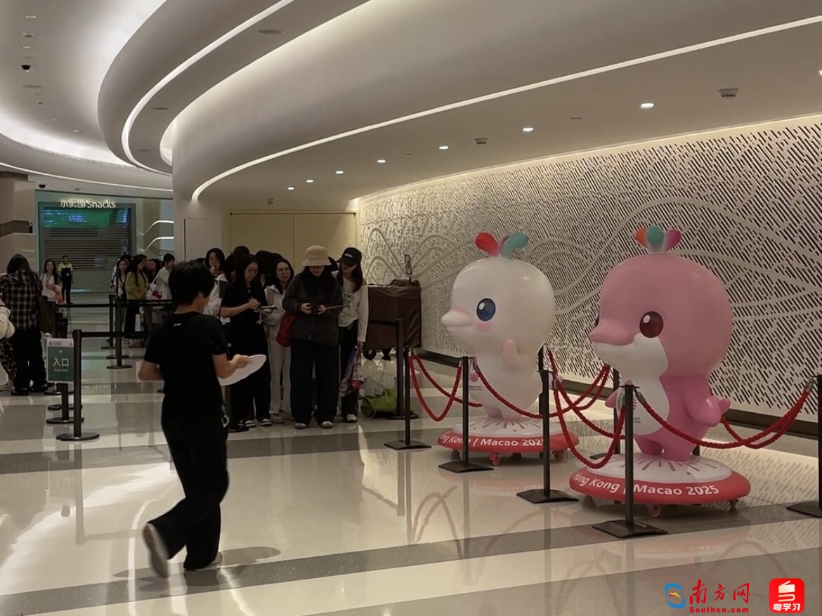 观众排队与十五运会吉祥物合照。