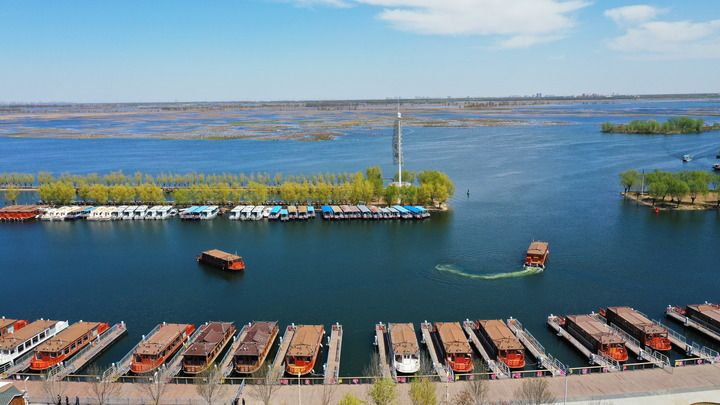 处于试运营阶段的白洋淀“水上巴士”项目画舫船在白洋淀内行驶（2023年4月7日摄，无人机照片）。新华社记者 牟宇 摄