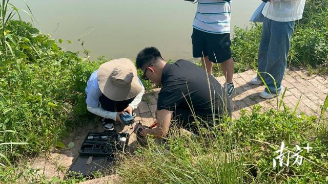 “四通清源·会绿兴粤”实践支队成员使用便携式检测仪器对绥江水质进行实地检测。