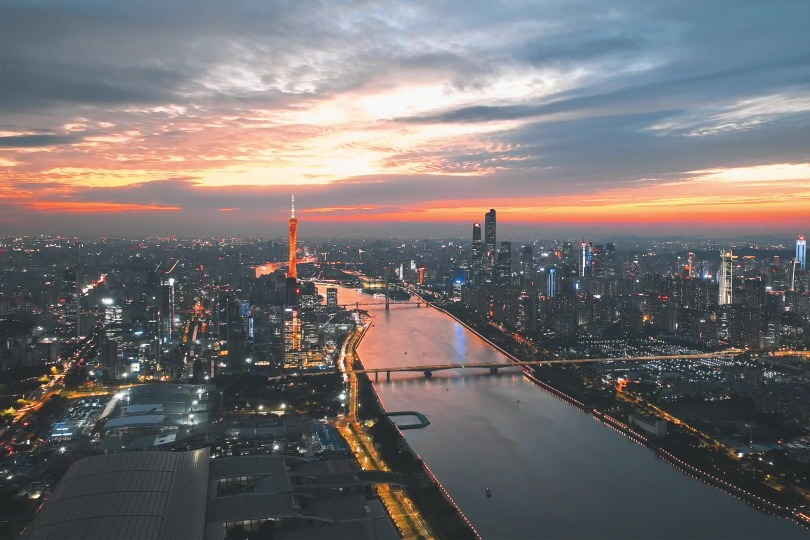 Aerial view of downtown Guangzhou above the clouds