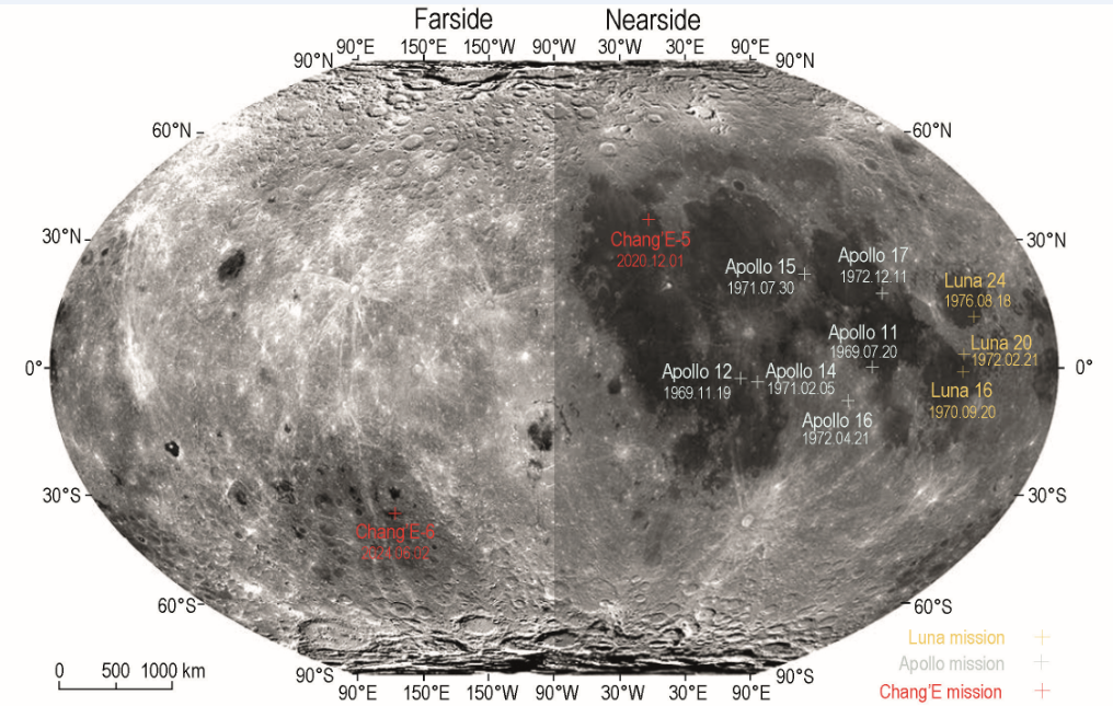 嫦娥六号与嫦娥五号、美国Apollo计划及苏联Luna计划落点示意图。（中国科学院国家天文台供图）