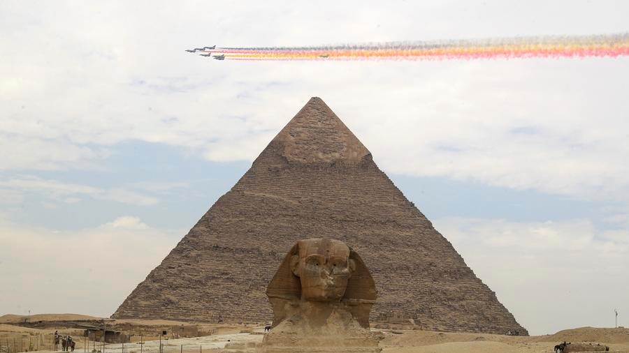 Aerobatic team of Chinese air forces flies over iconic Giza Pyramids