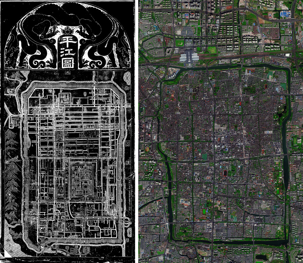 拼版照片：左图为宋代碑刻《平江图》（资料照片）；右图为2023年3月拍摄的苏州古城的卫星图像。