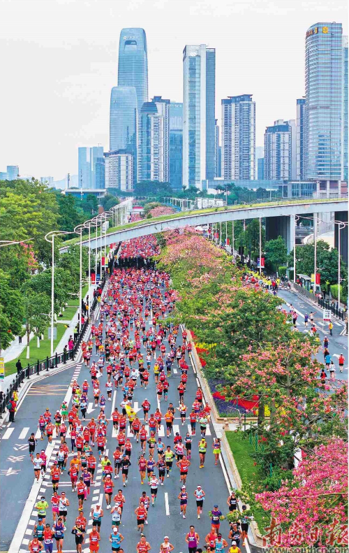 阅江西路赛道上，选手们在花团下奔跑。南方日报记者 董天健 姚志豪 仇敏业 苏韵桦 钟志辉 吴伟洪 梁钜聪 摄