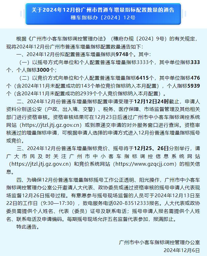 9748个！12月广州拟配置普通车增量指标出炉