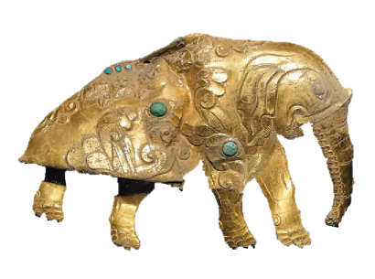 血渭一号墓出土的镶绿松石金象饰片(中国社科院考古所供图)