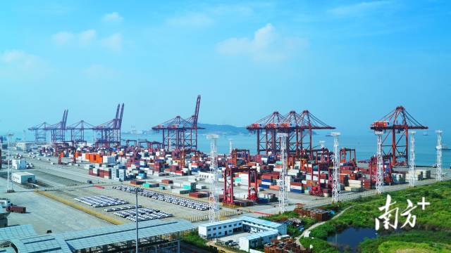 2022年3月份，深圳港平均每日靠泊船舶132艘，集装箱吞吐量平均每日6.4万标箱，出入港拖车平均每日2万余辆，港口整体运行平稳有序。图为深圳大铲湾码头