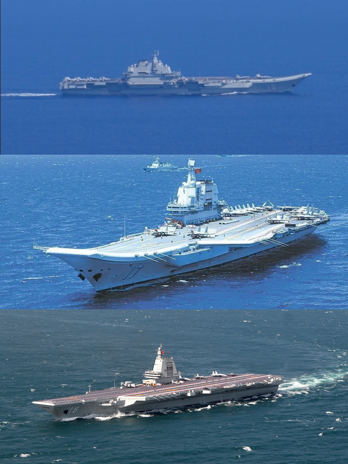 △从上至下依次为辽宁舰、山东舰、福建舰