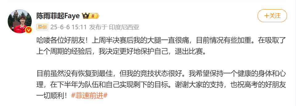 陈雨菲因伤退出印尼羽毛球公开赛 连胜纪录停留在24场