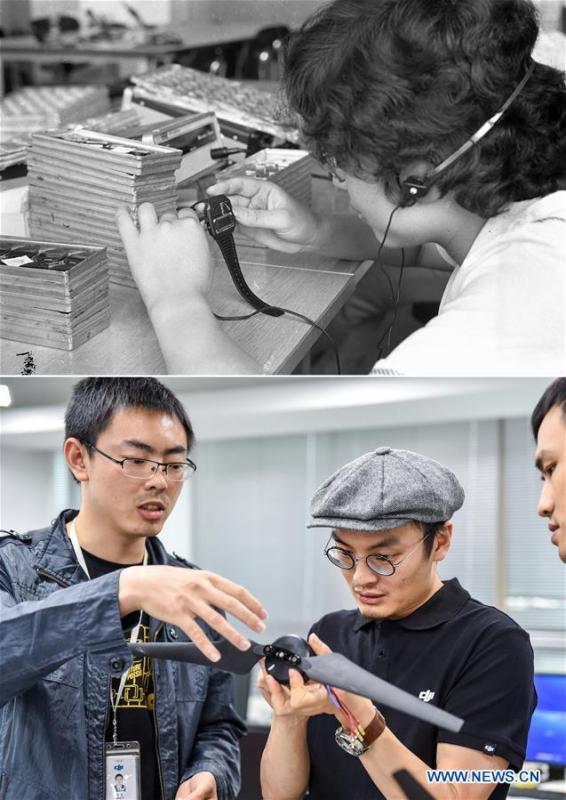The upper part (file) of this combo photo taken by Li Changyong shows a worker producing an electronic watch at a factory in Shenzhen, south China's Guangdong Province. The lower part of the combo photo taken by Mao Siqian on May 22, 2015 shows founder of Da-Jiang Innovations (DJI) Wang Tao (C) discussing with research staff in Shenzhen. This year marks the 40th anniversary of China's reform and opening-up policy. Over the past four decades, Shenzhen has developed from a small fishing village to a metropolis. (Xinhua)