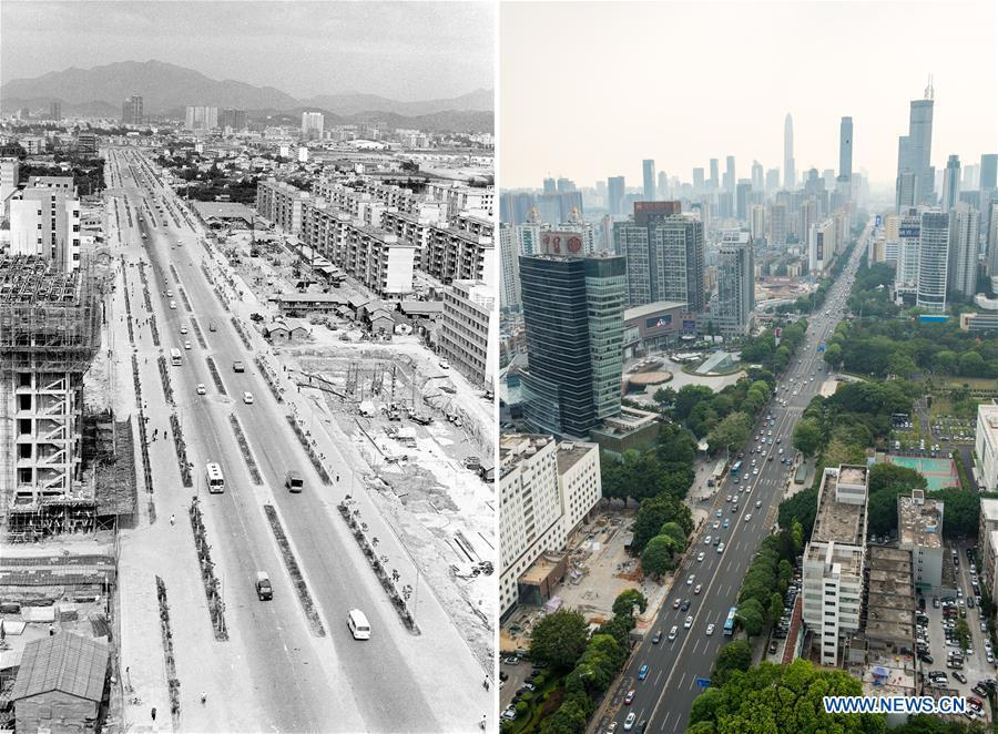 The left part (file) of this combo photo taken by Li Changyong shows Shennan Road in Shenzhen, south China's Guangdong Province. The right part of the combo photo taken by Mao Siqian shows the same road on May 23, 2018. This year marks the 40th anniversary of China's reform and opening-up policy. Over the past four decades, Shenzhen has developed from a small fishing village to a metropolis. (Xinhua)