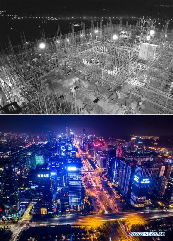 The upper part (file) of this combo photo taken by Chen Xuesi shows the construction site of an international trade center in Shenzhen, south China's Guangdong Province. The lower part of the combo photo taken by Mao Siqian on Feb. 14, 2017 shows a night view of Shenzhen. This year marks the 40th anniversary of China's reform and opening-up policy. Over the past four decades, Shenzhen has developed from a small fishing village to a metropolis. (Xinhua)