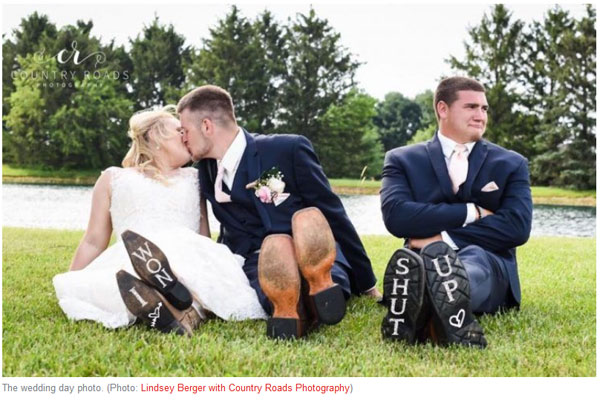 Newlyweds and their ‘third wheel’ go viral with hilarious wedding photos