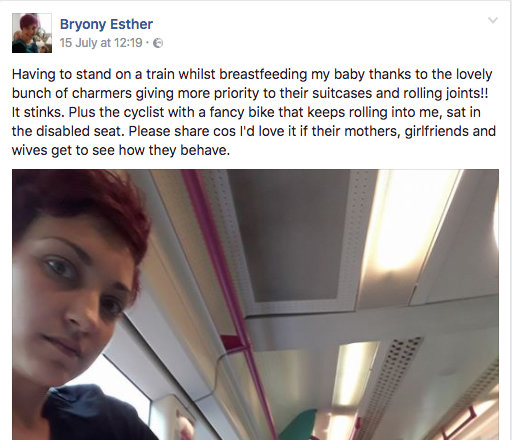 'Thanks, you lovely bunch of charmers': Mother criticizes commuters who forced her to stand on a packed train while she breastfed her baby