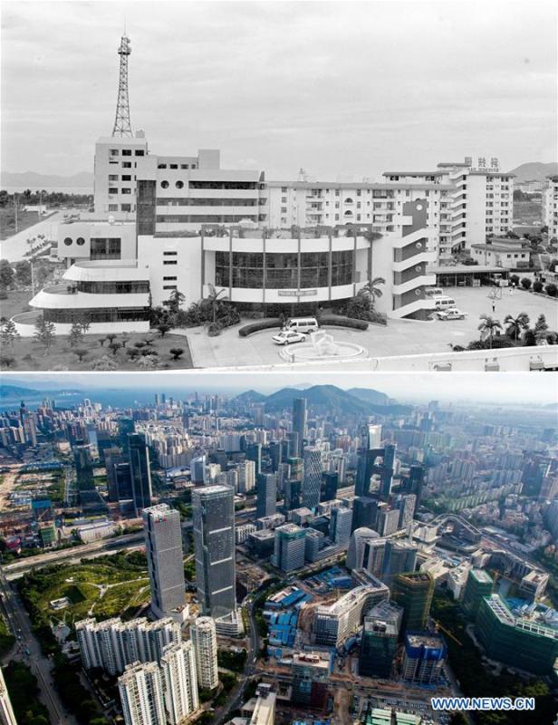 The upper part (file) of this combo photo taken by Huang Jianqiu shows a science park in Shenzhen, south China's Guangdong Province. The lower part of the combo photo taken by Mao Siqian on July 27, 2016 shows a science park zone in Shenzhen. This year marks the 40th anniversary of China's reform and opening-up policy. Over the past four decades, Shenzhen has developed from a small fishing village to a metropolis. (Xinhua)