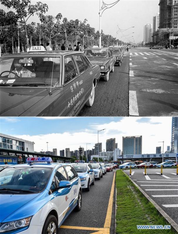 The upper part (file) of this combo photo taken by Chen Xuesi shows taxies in Shenzhen, south China's Guangdong Province. The lower part of the combo photo taken by Mao Siqian on June 24, 2018 shows electric taxies in Shenzhen. As of this April, the number of electric taxies in Shenzhen has topped 13,000. This year marks the 40th anniversary of China's reform and opening-up policy. Over the past four decades, Shenzhen has developed from a small fishing village to a metropolis. (Xinhua)