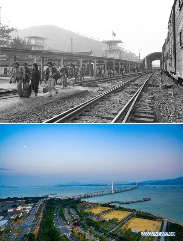 The upper part (file) of this combo photo taken by Li Changyong shows passengers at a port linking Shenzhen and Hong Kong, south China. The lower part of the combo photo taken by Mao Siqian on Feb. 9, 2017 shows a cross-sea bridge of Shenzhen Bay. This year marks the 40th anniversary of China's reform and opening-up policy. Over the past four decades, Shenzhen has developed from a small fishing village to a metropolis. (Xinhua)