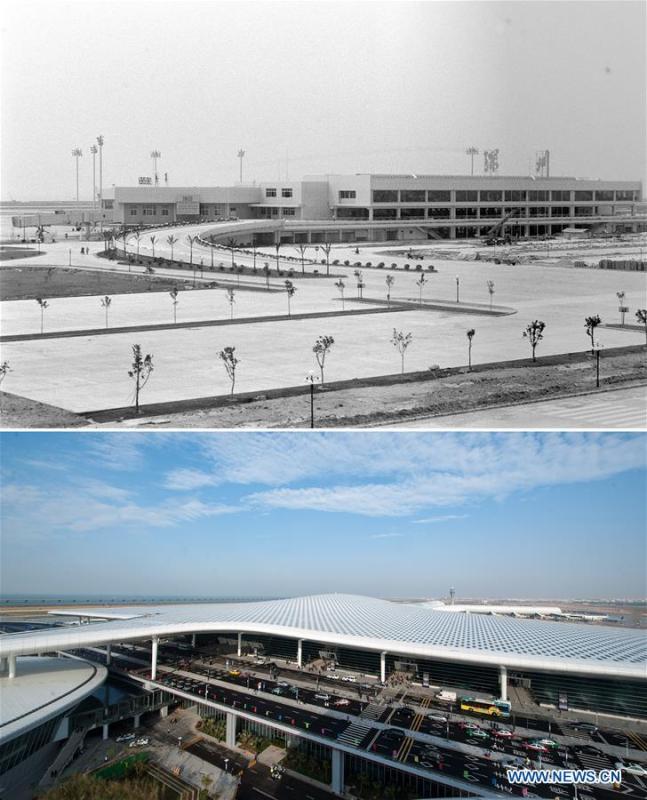 The upper part (file) of this combo photo taken by Pan Jiamin shows an old terminal of Shenzhen airport in south China's Guangdong Province. The lower part of the combo photo taken by Mao Siqian on Nov. 28, 2013 shows a new terminal of the airport in Shenzhen. This year marks the 40th anniversary of China's reform and opening-up policy. Over the past four decades, Shenzhen has developed from a small fishing village to a metropolis. (Xinhua)