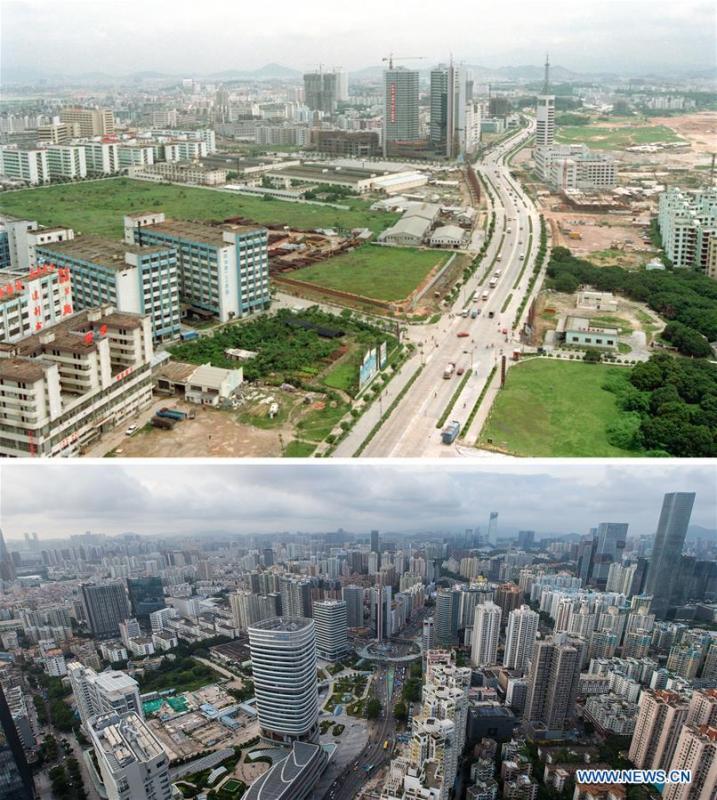 The upper part (file) of this combo photo taken by Zhang Yiwen shows Nanyou development zone in Shenzhen, south China's Guangdong Province. The lower part of the combo photo taken by Mao Siqian on June 20, 2018 shows a new look of the area. This year marks the 40th anniversary of China's reform and opening-up policy. Over the past four decades, Shenzhen has developed from a small fishing village to a metropolis. (Xinhua)