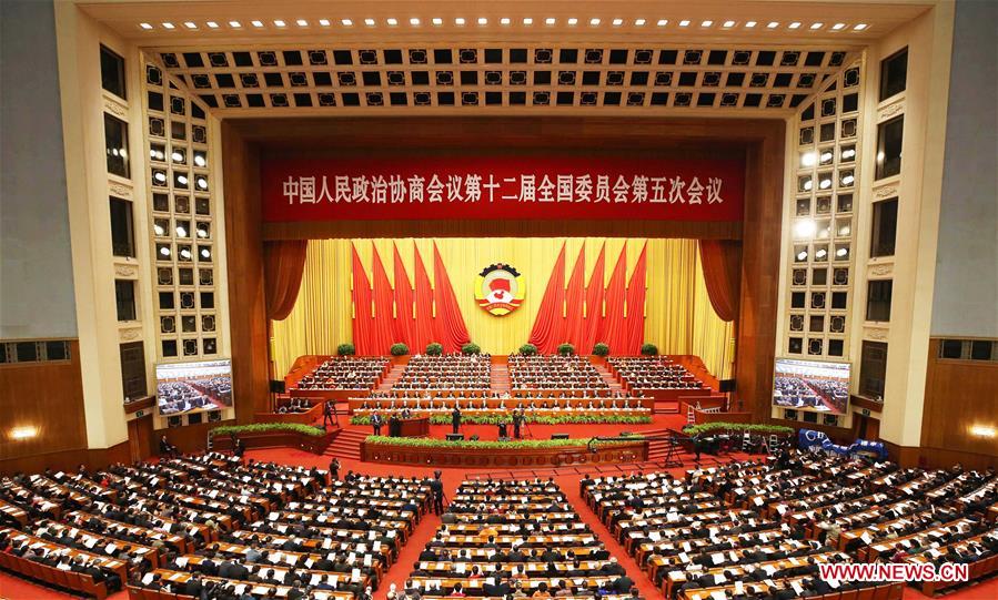 The second plenary meeting of the fifth session of the 12th National Committee of the Chinese People's Political Consultative Conference is held at the Great Hall of the People in Beijing, capital of China, March 9, 2017. (Xinhua/Yao Dawei)